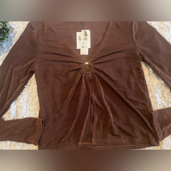 Garage brown stone  mesh long sleeve woman top M - Picture 15 of 16